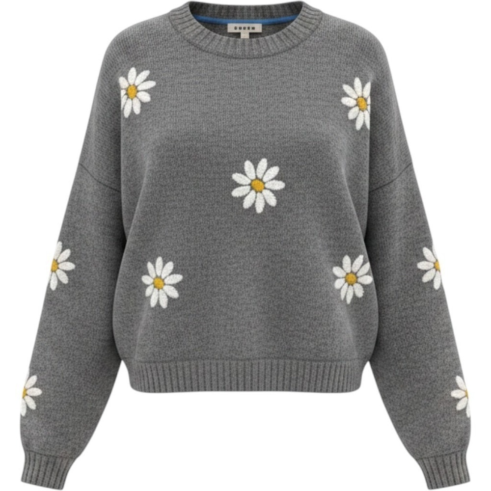 Boden 100% Wool Embroidered Daisy Sweater Women's XL Grey Cottagecore Floral
